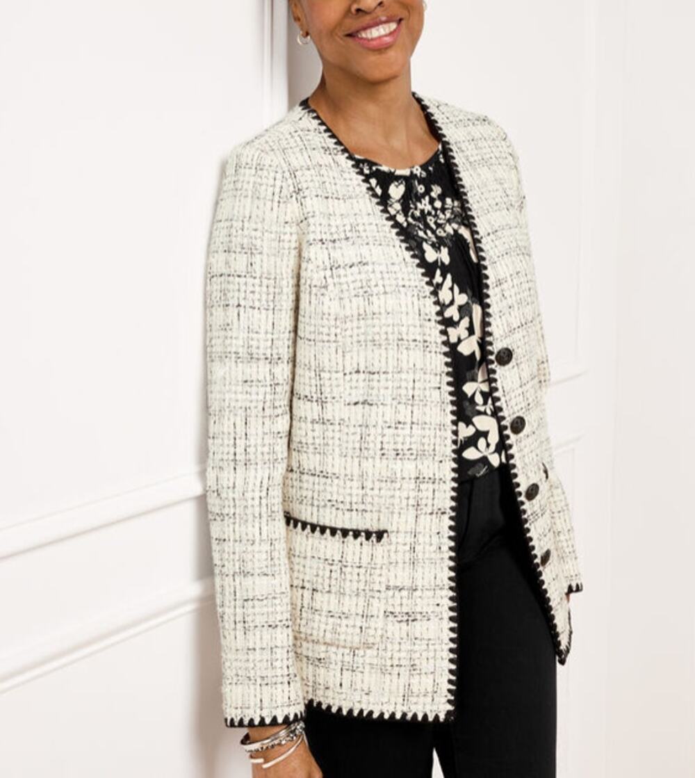 Talbots Tipped Tweed Blazer Plus Size 16W Cream Black Plaid